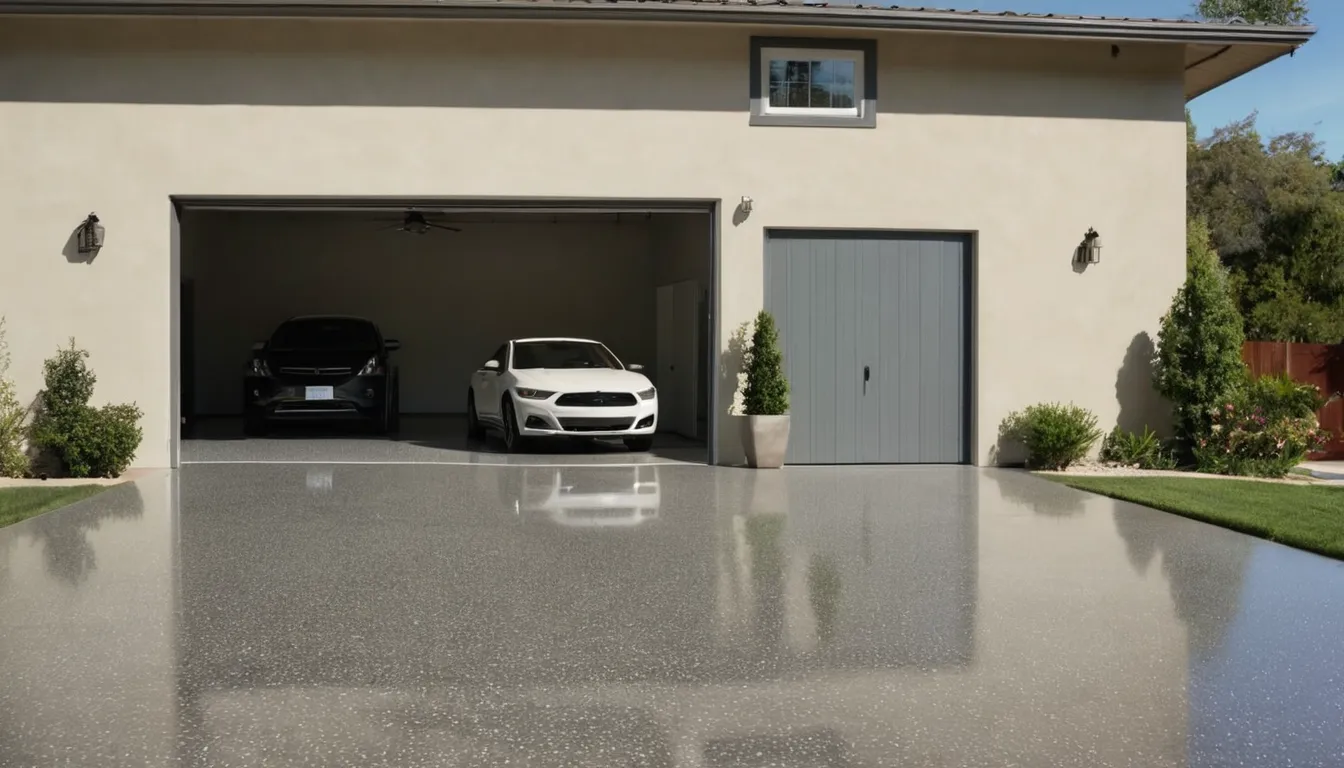 A freshly coated epoxy garage floor in a stucco home near Los Angeles